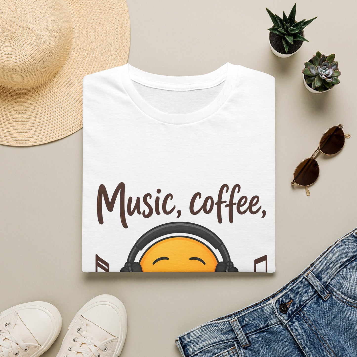 Music, Coffee, and Feelin' Good T-Shirt | Emoji Headphones Coffee Tee