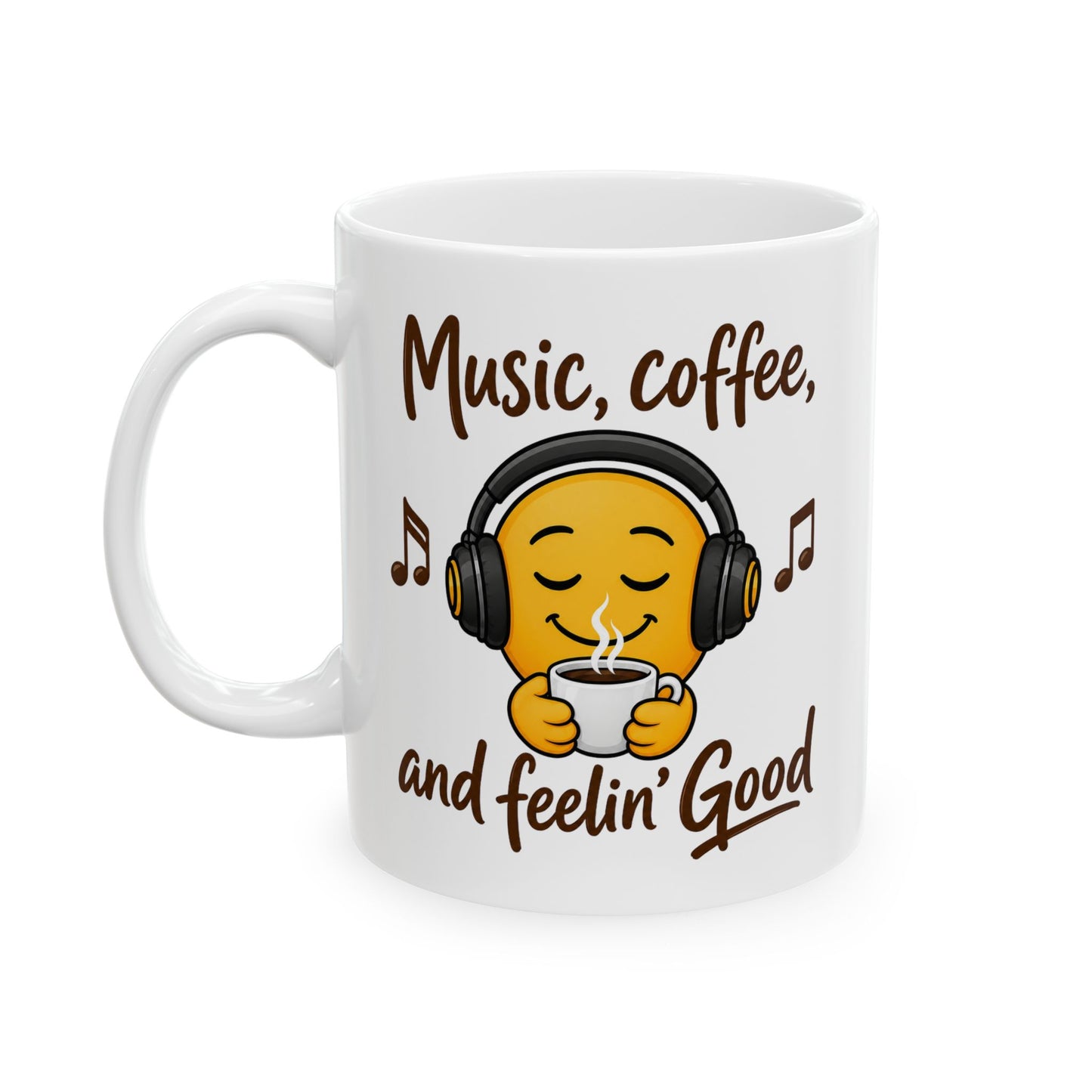 Music, coffee, and Feelin' Good Mug | Emoji with Headphones Coffee Cup