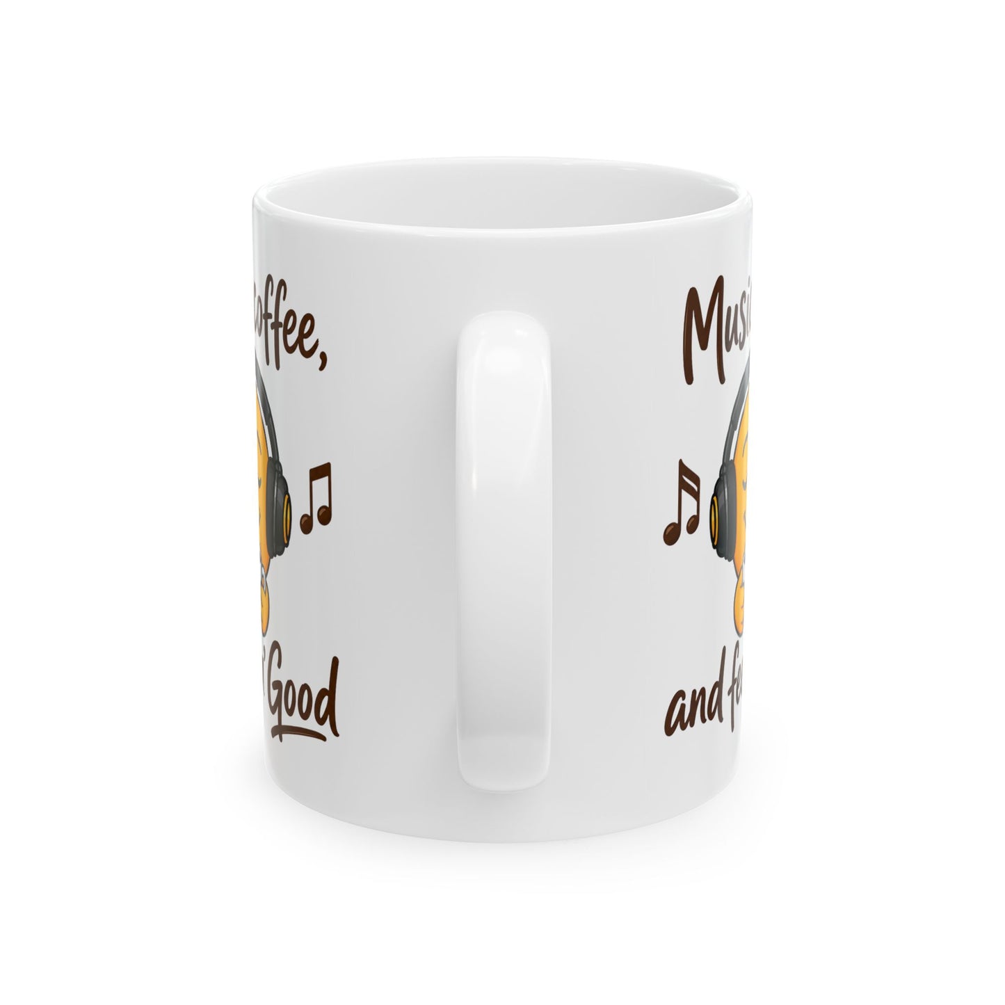 Music, coffee, and Feelin' Good Mug | Emoji with Headphones Coffee Cup