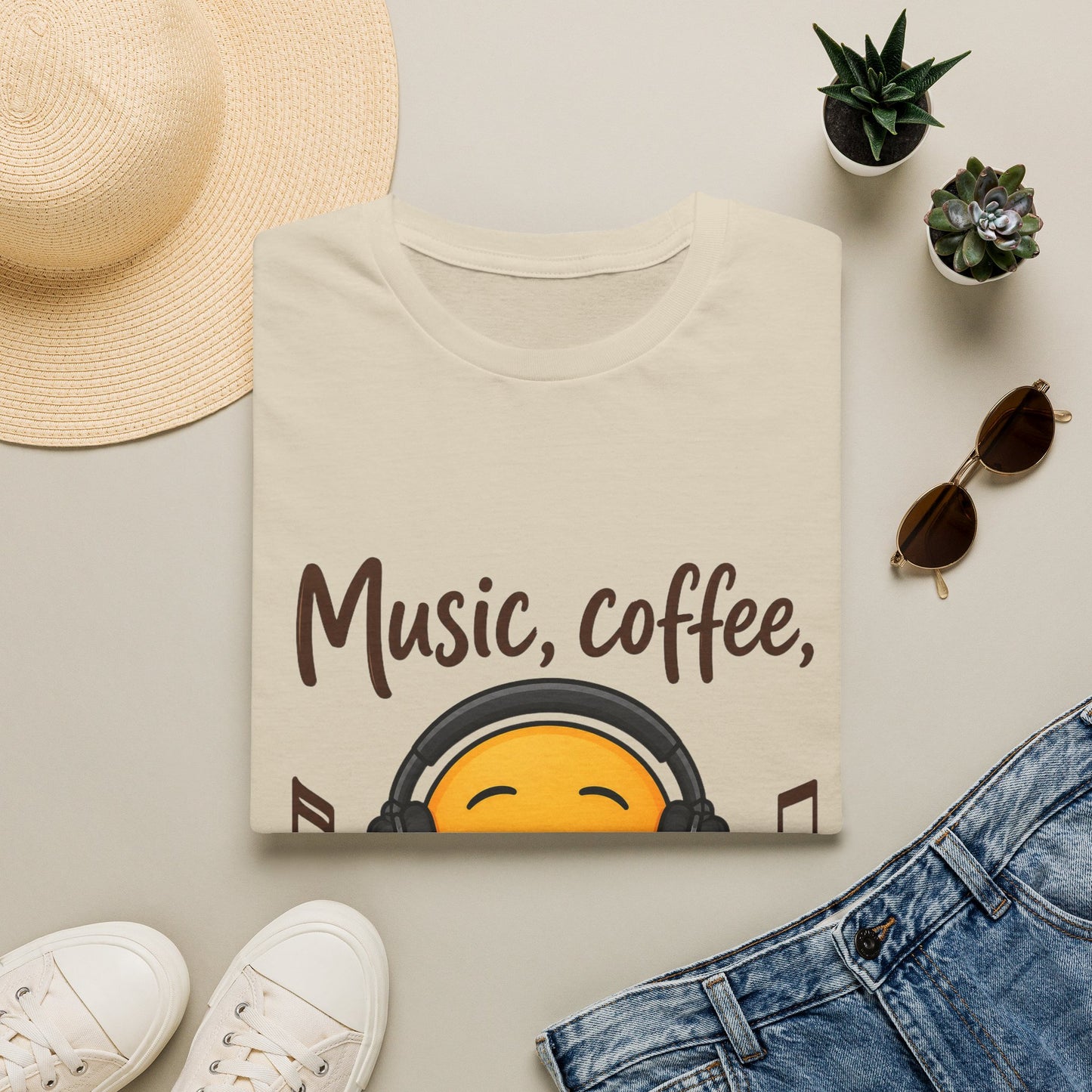 Music, Coffee, and Feelin' Good T-Shirt | Emoji Headphones Coffee Tee