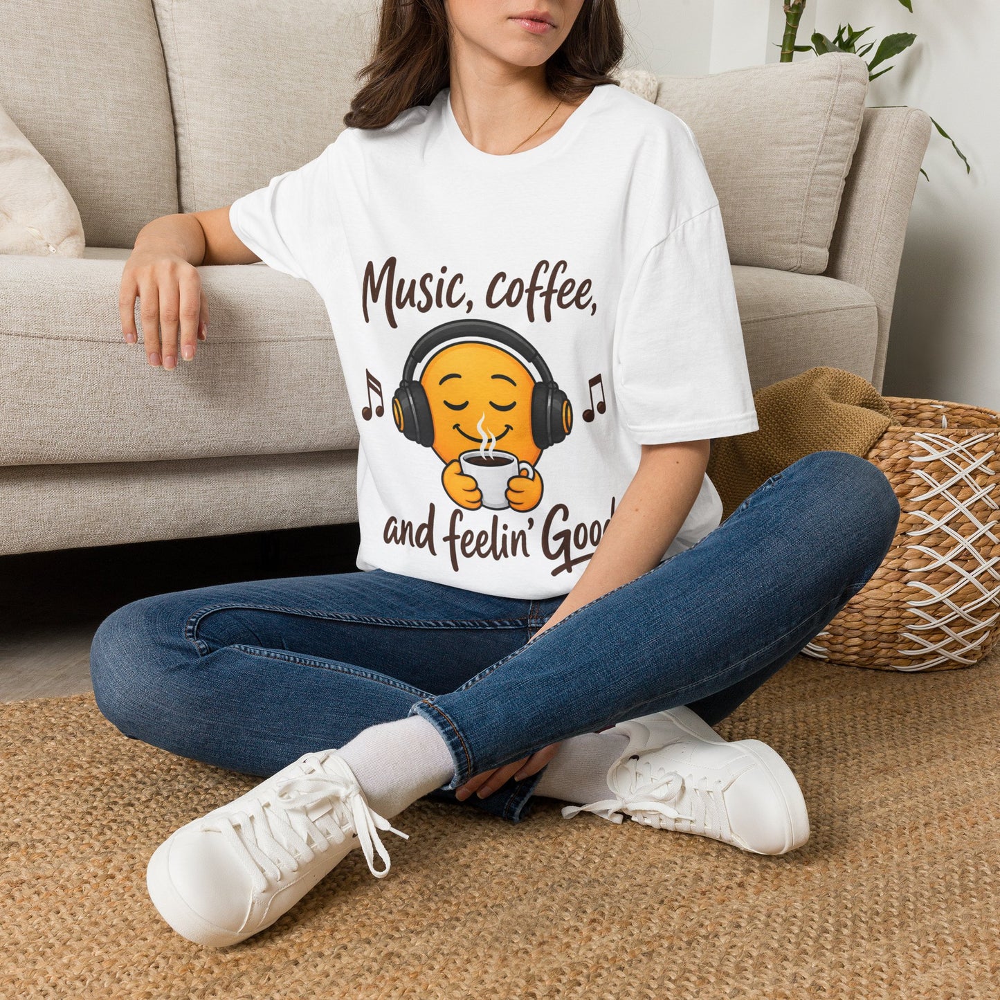 Music, Coffee, and Feelin' Good T-Shirt | Emoji Headphones Coffee Tee