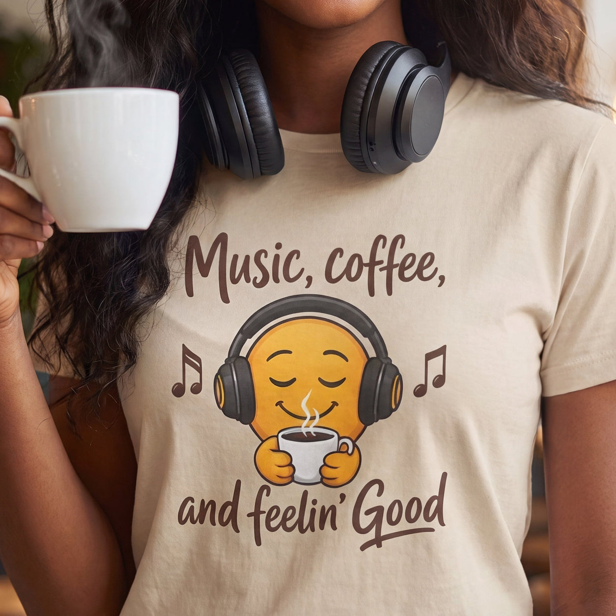 Music, Coffee, and Feelin' Good T-Shirt | Emoji Headphones Coffee Tee