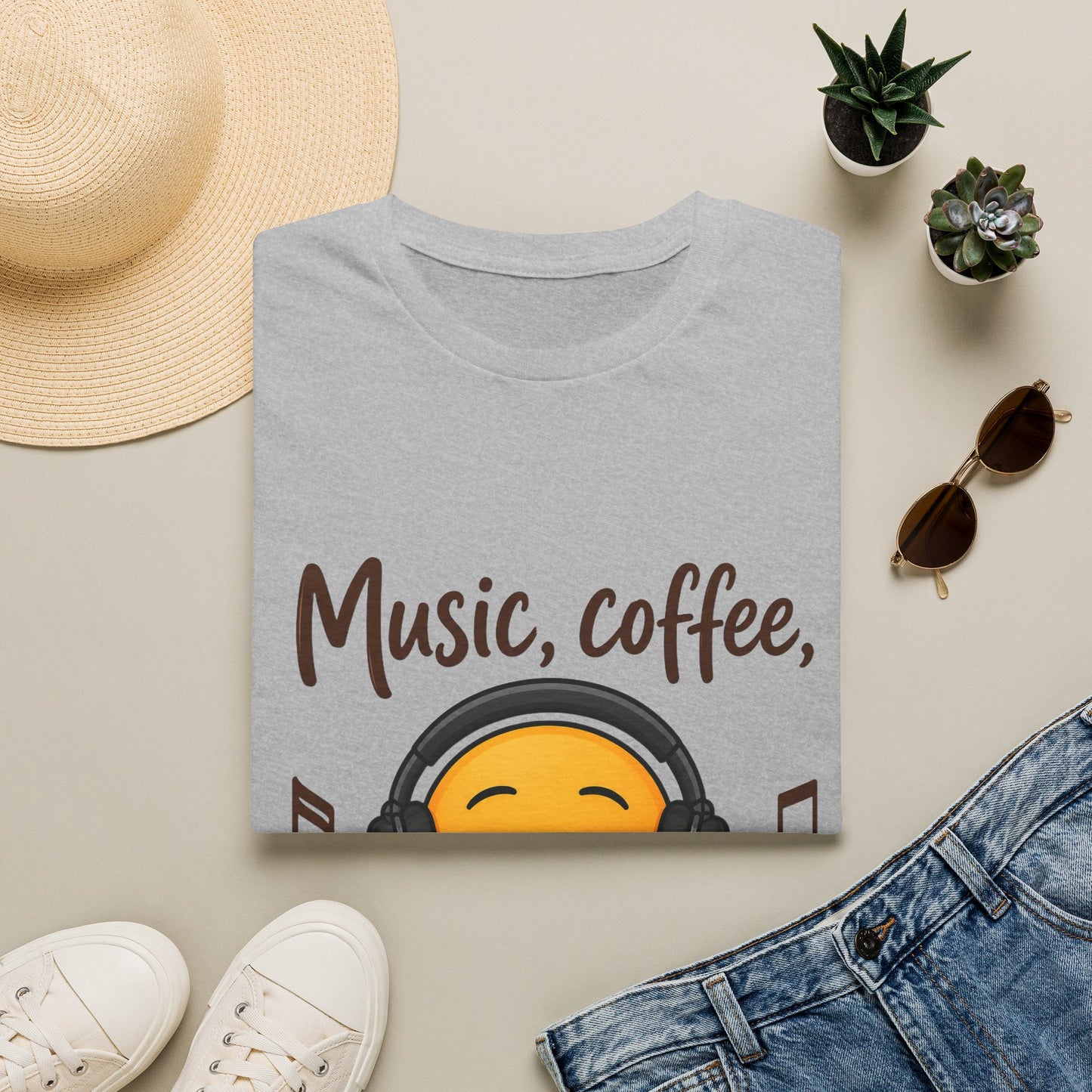 Music, Coffee, and Feelin' Good T-Shirt | Emoji Headphones Coffee Tee