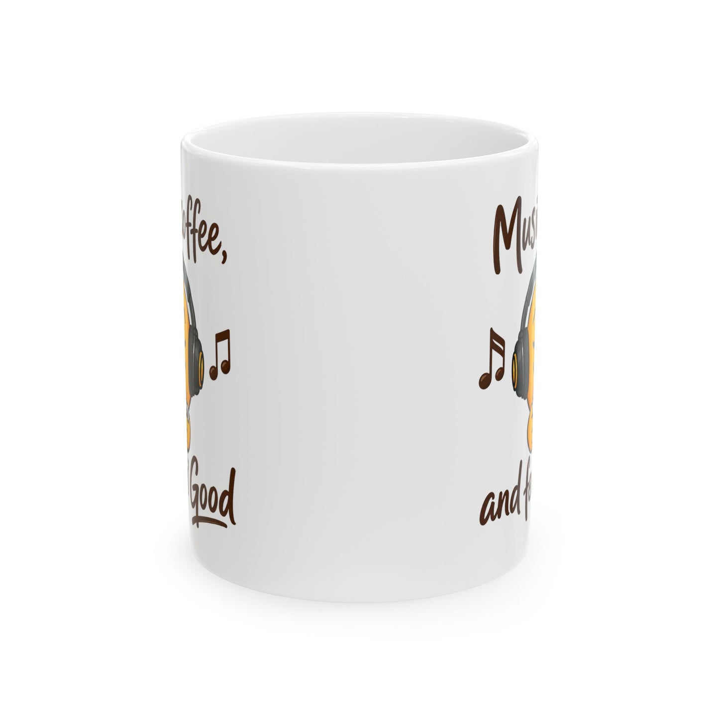Music, coffee, and Feelin' Good Mug | Emoji with Headphones Coffee Cup