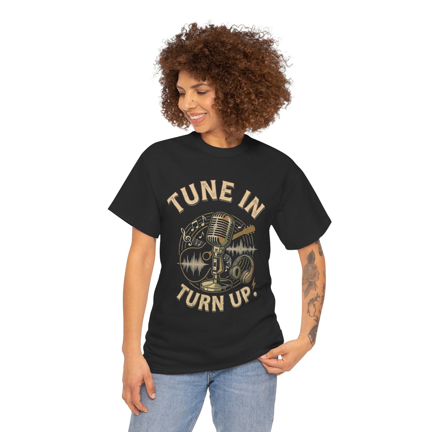 Tune In Turn Up microphone graphic Tee | Retro music player audio wave design
