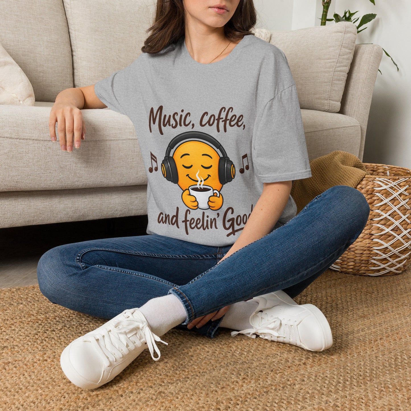 Music, Coffee, and Feelin' Good T-Shirt | Emoji Headphones Coffee Tee