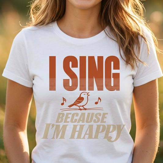 I Sing Because I'm Happy T-Shirt | Bird Graphic, Retro Text