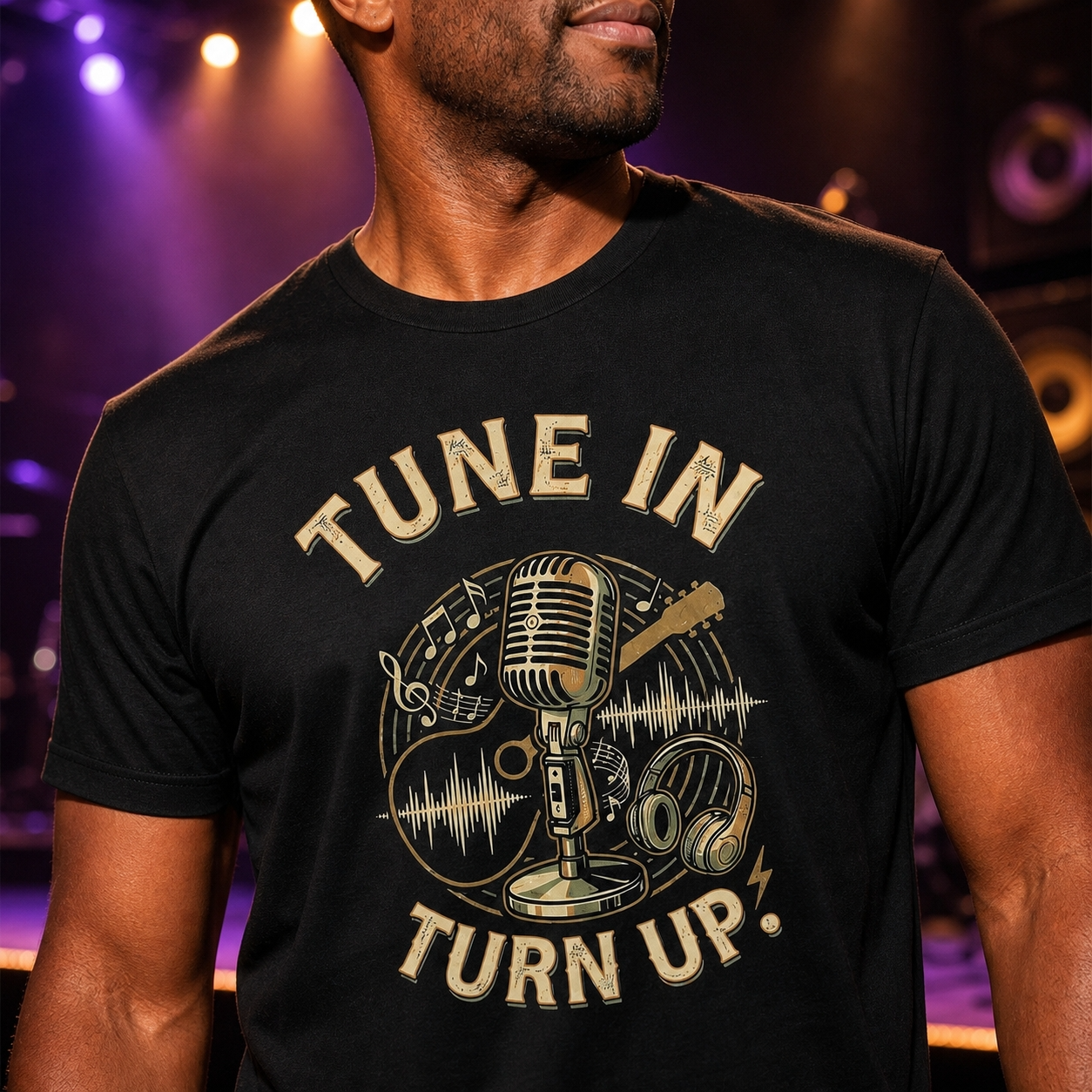 Tune In Turn Up microphone graphic Tee | Retro music player audio wave design