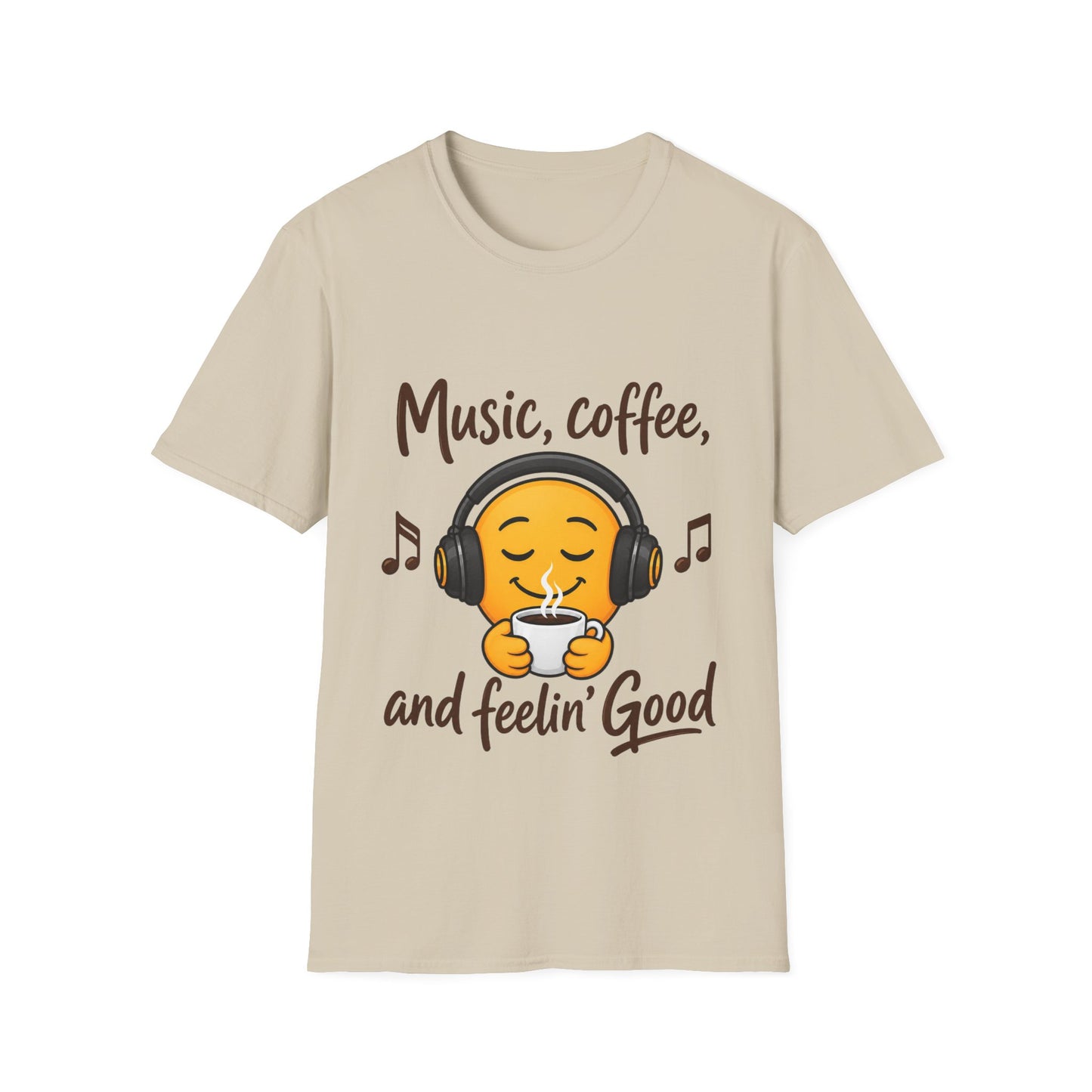 Music, Coffee, and Feelin' Good T-Shirt | Emoji Headphones Coffee Tee