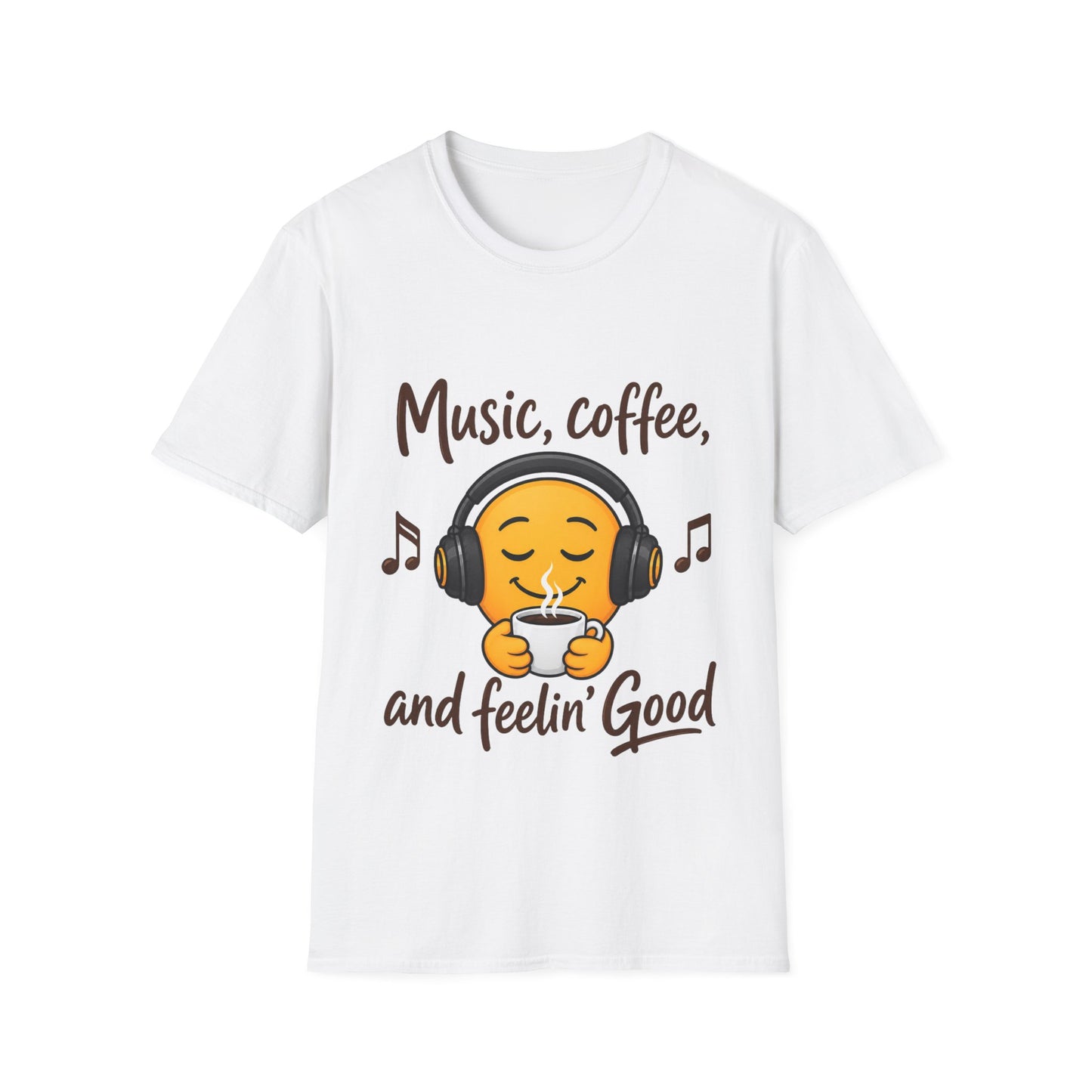 Music, Coffee, and Feelin' Good T-Shirt | Emoji Headphones Coffee Tee