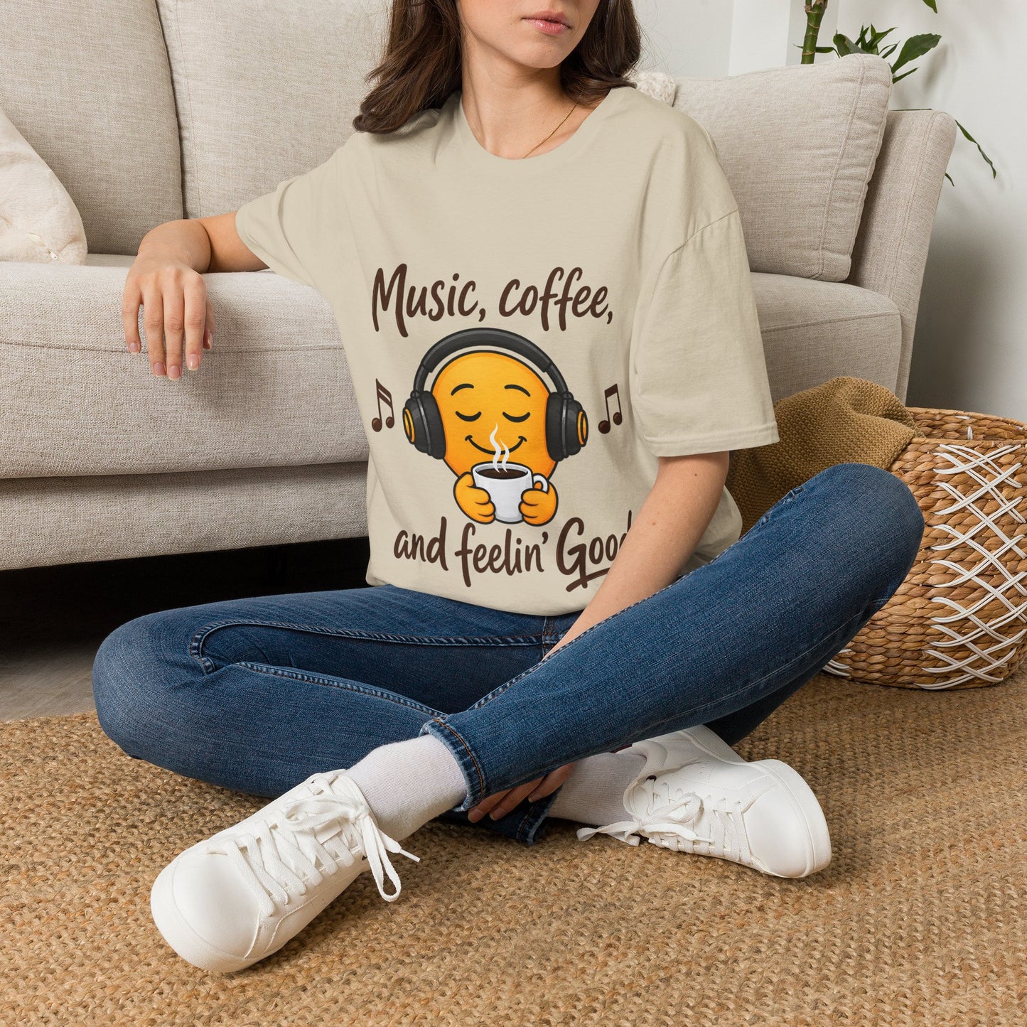 Music, Coffee, and Feelin' Good T-Shirt | Emoji Headphones Coffee Tee