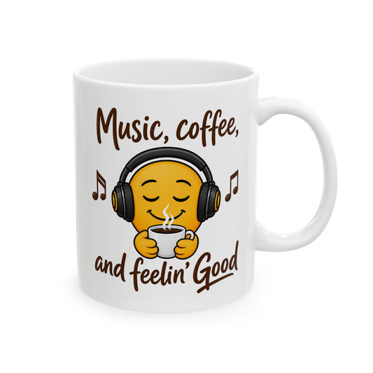 Music, coffee, and Feelin' Good Mug | Emoji with Headphones Coffee Cup