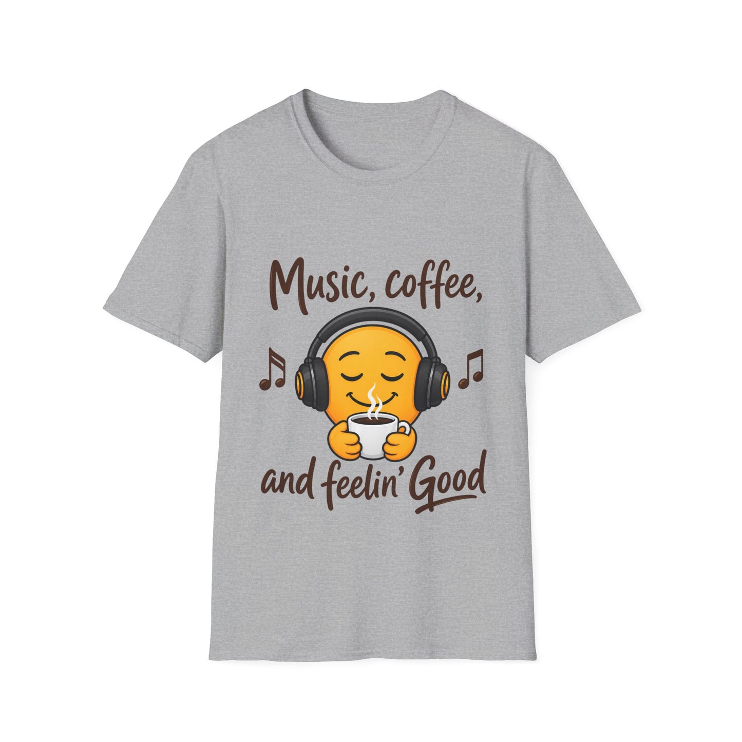 Music, Coffee, and Feelin' Good T-Shirt | Emoji Headphones Coffee Tee