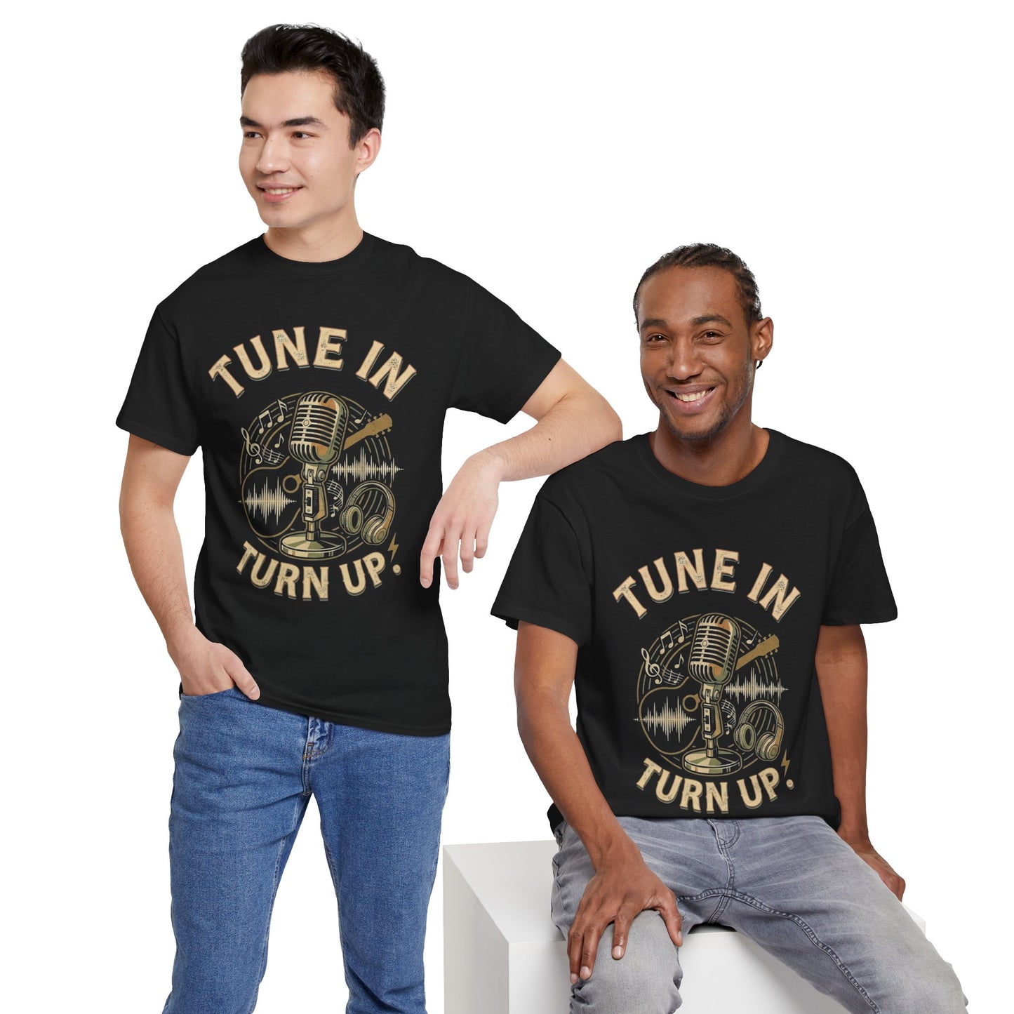 Tune In Turn Up microphone graphic Tee | Retro music player audio wave design
