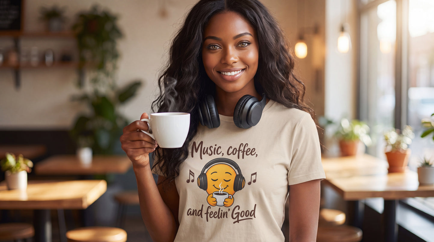 Music, Coffee, and Feelin' Good T-Shirt | Emoji Headphones Coffee Tee